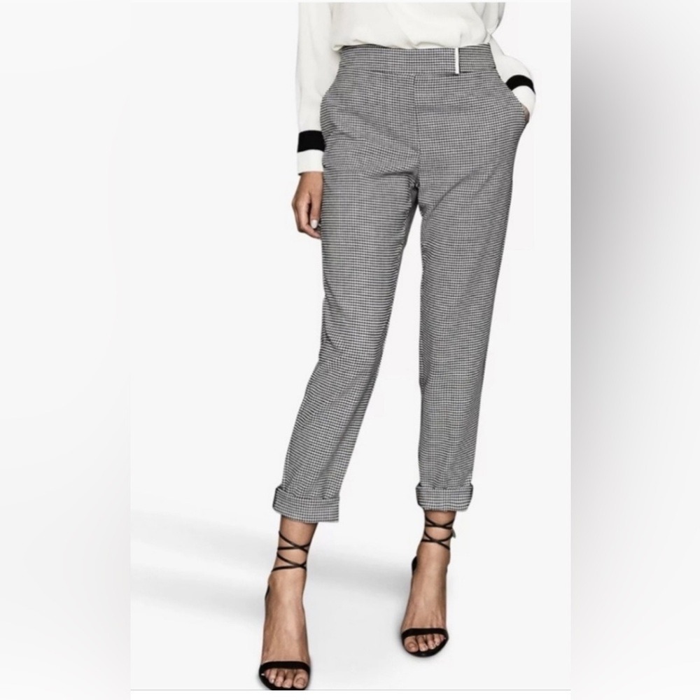 Reiss Arlo Houndstooth High Rise Black White Straight Trousers Womens 6
